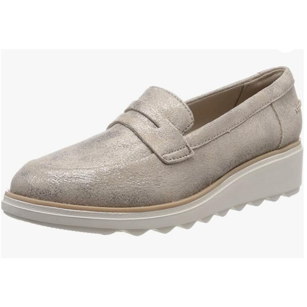 Clarks Sharon Ranch Penny Loafer Platform Suede Gold Pewter Metallic Flat Sz 8.5
